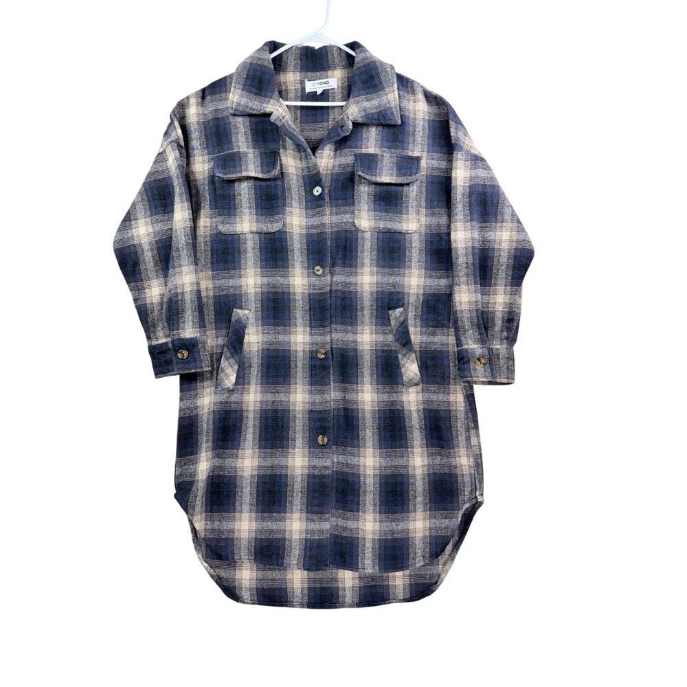 CISONO Plaid Shacket Women Medium Blue Cream Longline Button Down Shirt‎ Jacket